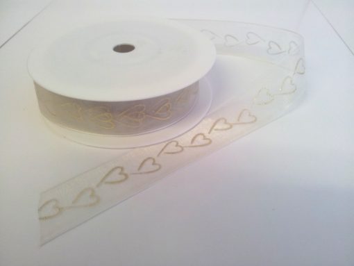 Ivory organza Wedding Ribbon with printed Silver Hearts 15mmx20m 1