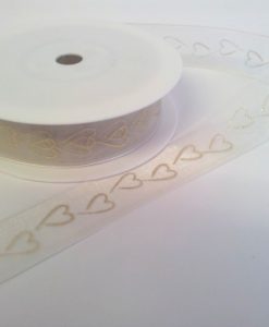 Ivory organza Wedding Ribbon with printed Silver Hearts 25mmx20m