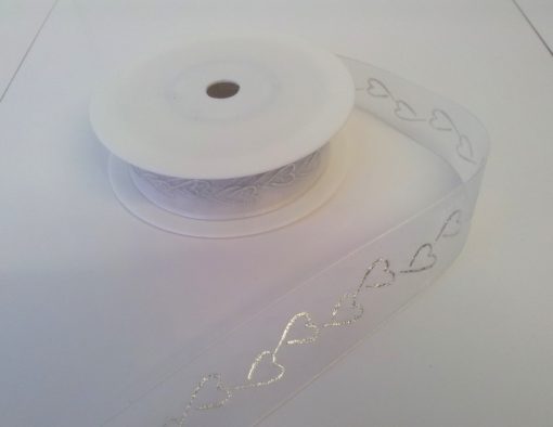 White organza Wedding Ribbon with printed Silver Hearts 15mmx20m 1