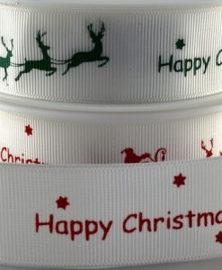 Grosgrain ribbon white/green Xmas sleigh design 25mm x 20m