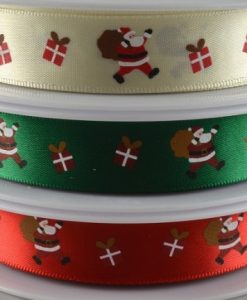 Red polyester satin ribbon with santa design 15mm x 20m
