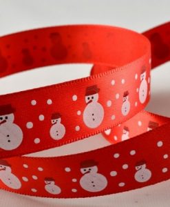 Red polyester satin with snowman design 15mm x 20m