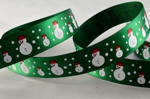 Green polyester satin with snowman design 15mm x 20m 1