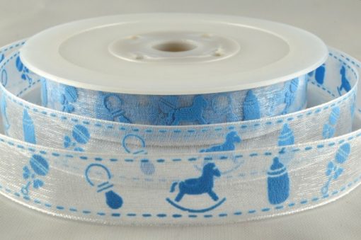 20mm White Organza ribbon with pink or blue baby design 20Mtr Roll