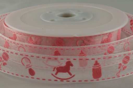 20mm White Organza ribbon with pink or blue baby design 20Mtr Roll