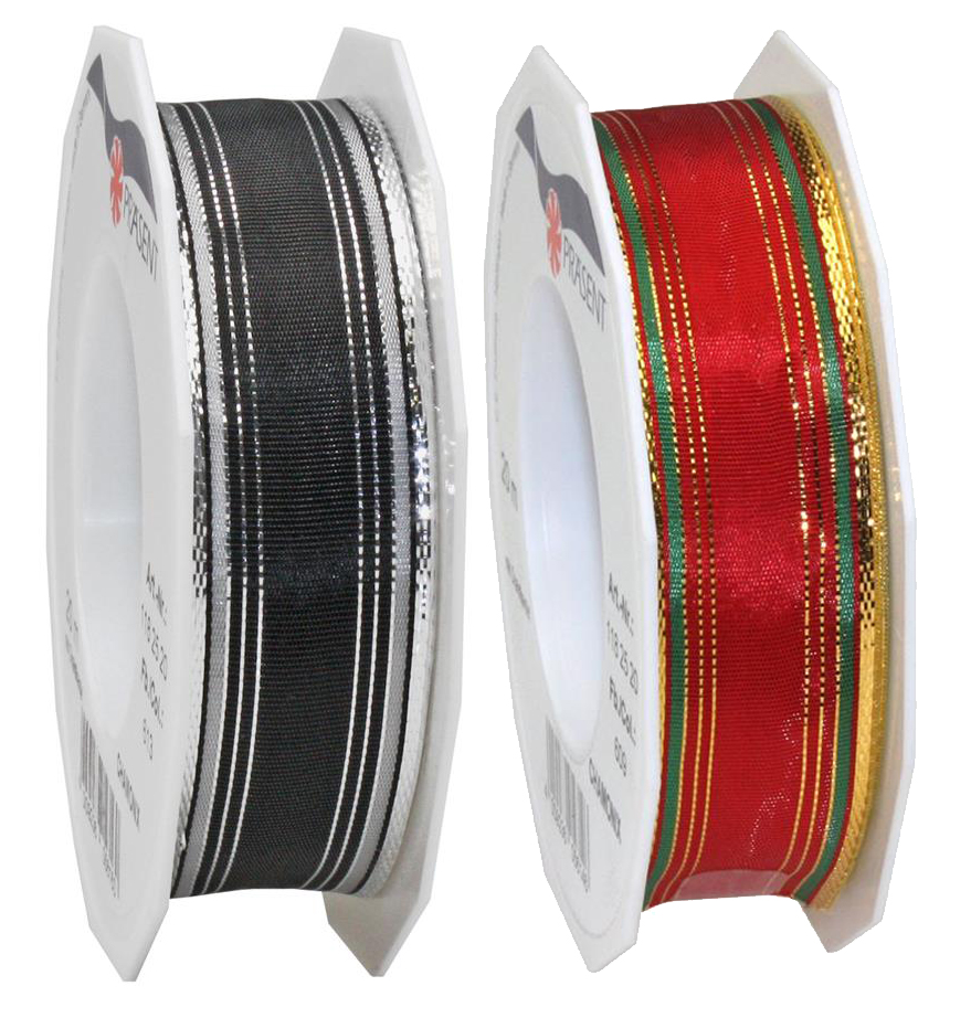 Wire Edge Ribbon with Christmas Print 25mm x 20m Roll - Red or Black