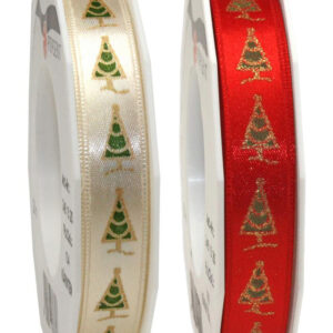 Satin Ribbon with Christmas Tree Print 15mm x 20m Roll - Cream or Red
