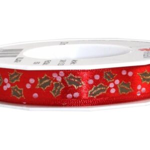Red Satin Ribbon with Christmas Holly Print 15mm x 20m Roll