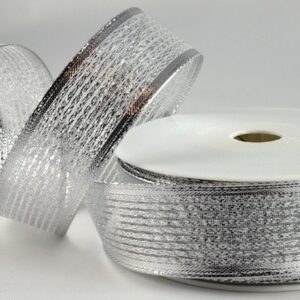 Wired white and silver Christmas ribbon 25mm width x 20 Metre roll