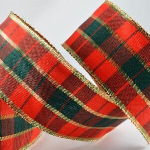 Red & Green wired tartan ribbon with gold lurex edge 40mm wide x 20Mtr roll