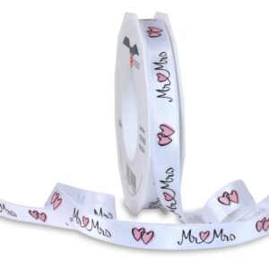 White Recycled Ribbon with Mr and Mrs Print 15mm x 20m Roll