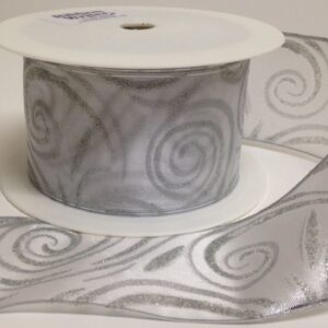 Wired sheer white Christmas ribbon with silver design 50mm x 20 Metre roll