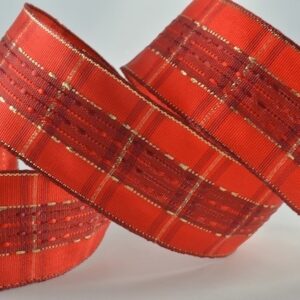 Red woven tartan ribbon with lurex thread and wired edge 40mm x 20 Metre roll - 44107