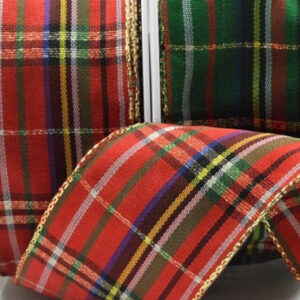 Wired Green or Red tartan ribbon with gold edge 40mm x 20 Metre roll
