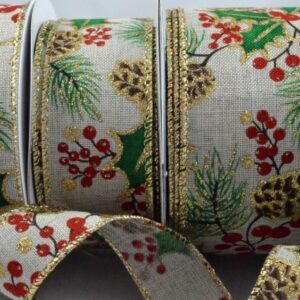 Natural colour Burlap wired ribbon with Christmas Holly & Berries 25, 38 or mm x 10 metre roll - 46041