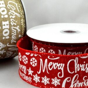 Red or Natural colour Burlap wired ribbon with Merry Christmas message in white 38mm x 10 metre roll - 46043