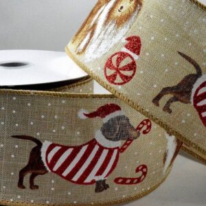 Wired jute ribbon with Christmas Sausage Dog print 63mm x 10 Metre roll - 46050