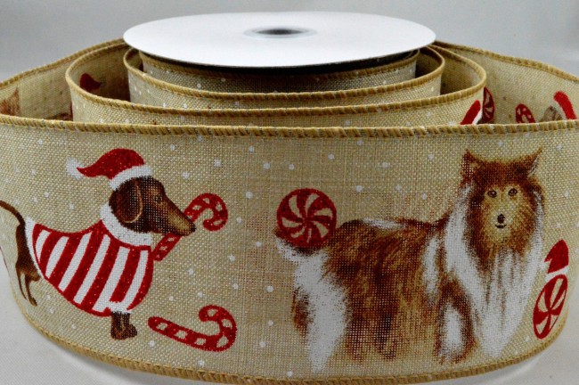 Wired jute ribbon with Christmas Sausage Dog print 63mm x 10 Metre roll - 46050 - Image 2