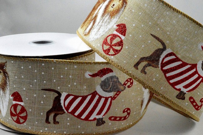 Wired jute ribbon with Christmas Sausage Dog print 63mm x 10 Metre roll - 46050