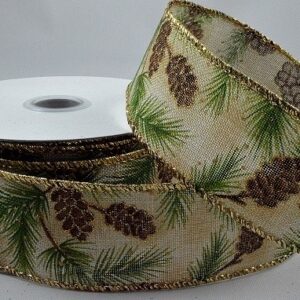 Wire Gold Edge Natural Jute Ribbon with Christmas Pine Cone Design 38mm x 10m