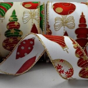 Wire Edge White/Cream Christmas Ribbon with Sparkly Baubles and Bows 38mm x 10m