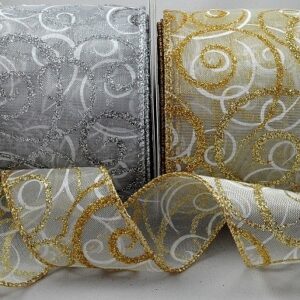 38mm Wired Lurex Edge Sheer Ribbon with a Glittery and Sparkly Christmas Swirl Design X 10mts