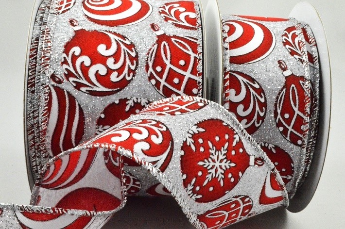 Natural and Red/White and Red Xmas bauble ribbon, wire edge with silver sparkle 38mm x 10m roll - Image 3