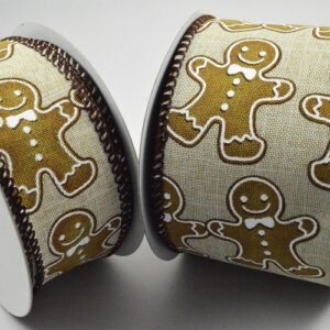 Natural woven edge wired ribbon with Gingerbread man print 38mm x 10m roll