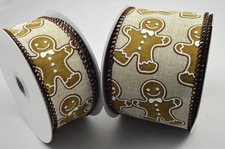 Natural woven edge wired ribbon with Gingerbread man print 38mm x 10m roll