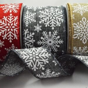 Red/Natural/Charcoal Grey woven edge wired natural feel ribbon, white snowflake design 38mm x 10m roll