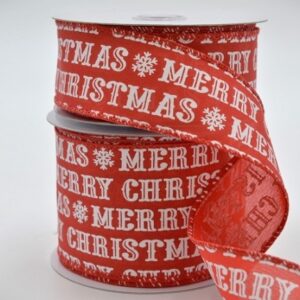Wire Edge Red & White Merry Christmas Woven Ribbon 38mm x 10m Roll