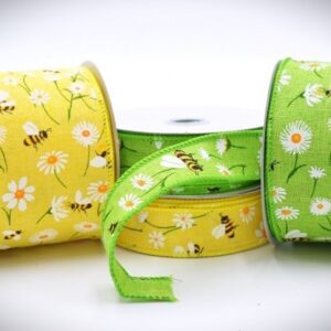 25mm Wide Woven Wired Edge Bright Yellow OR Green Summery Bumble Bee and Flowery Ribbon x 10mts