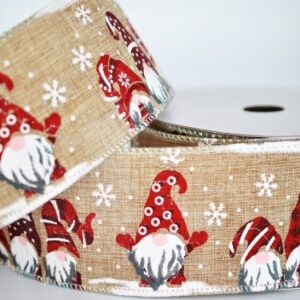 Woven Wire Edge Natural Christmas Elves & Snowflakes 63mm x 10m Roll