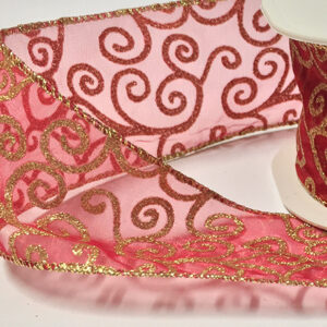 Wired red lurex Christmas ribbon with gold scroll design 50mm x 10 Metre roll