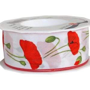 White Recycled Wire Edge Ribbon with Red Poppy Print 40mm x 20m Roll