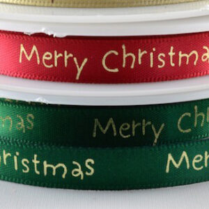 Red or Green satin ribbon with christmas greeting 10mm x 20m