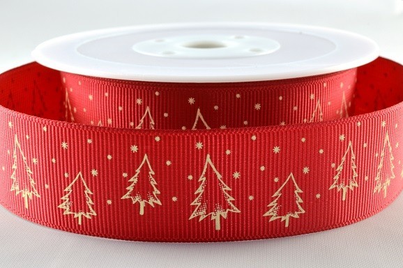 Grosgrain ribbon with Christmas tree print, Red with White, White with Red or White with Green 25mm x 20 Metre roll 54489 - Image 2