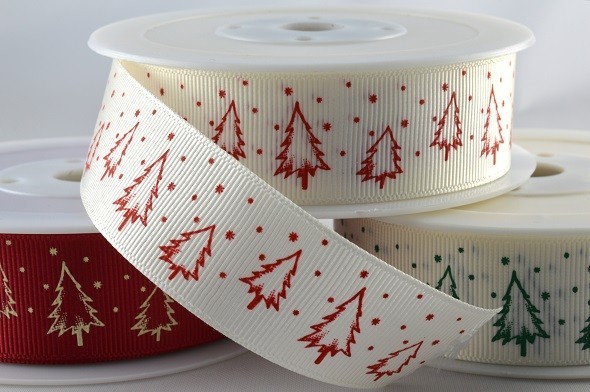 Grosgrain ribbon with Christmas tree print, Red with White, White with Red or White with Green 25mm x 20 Metre roll 54489