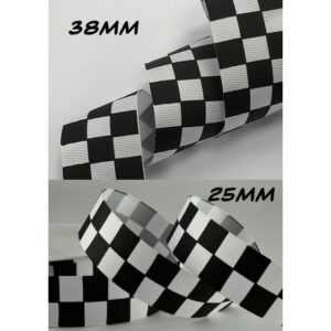 25 or 38mm Chequered flag, black & white racing grosgrain ribbon 20 Metre roll 54550