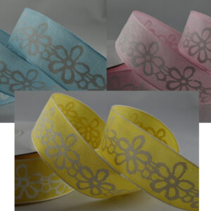 Flower print baby blue, baby pink or yellow cotton ribbon 25mm x 20 Metre roll - 55022