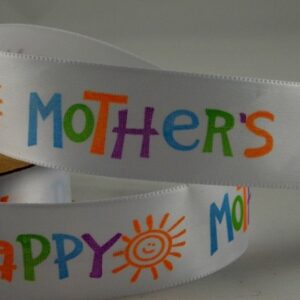 White Satin ribbon with Mothers Day colourful print 25mm x 10 Metre roll - 55048