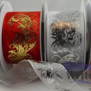 Silver/Red Organza with Metallic Design 25/38mm x 10m