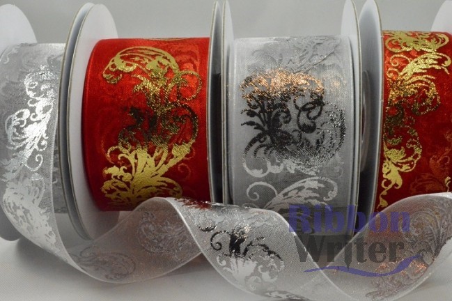 Silver/Red Organza with Metallic Design 25/38mm x 10m