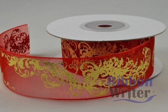 Silver/Red Organza with Metallic Design 25/38mm x 10m - Image 11