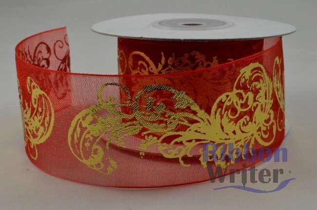 Silver/Red Organza with Metallic Design 25/38mm x 10m - Image 3