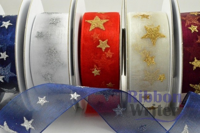 Silver/Red Organza with Metallic Design 25/38mm x 10m - Image 9