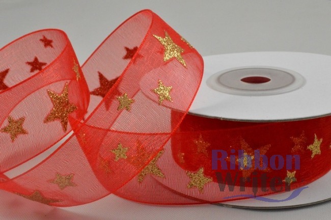 Silver/Red Organza with Metallic Design 25/38mm x 10m - Image 6