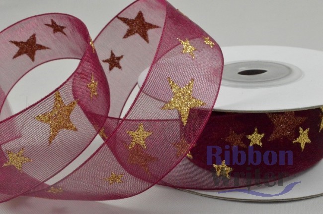 Silver/Red Organza with Metallic Design 25/38mm x 10m - Image 7