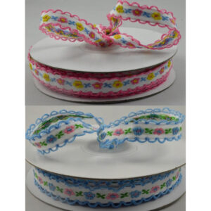 Pink or Blue flower woven ribbon with scallop edge 12mm x 10 Metre roll - 5506212