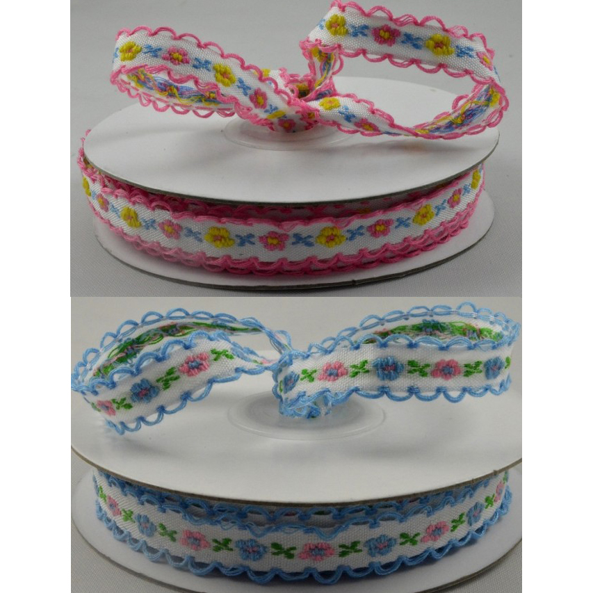 Pink or Blue flower woven ribbon with scallop edge 12mm x 10 Metre roll - 5506212
